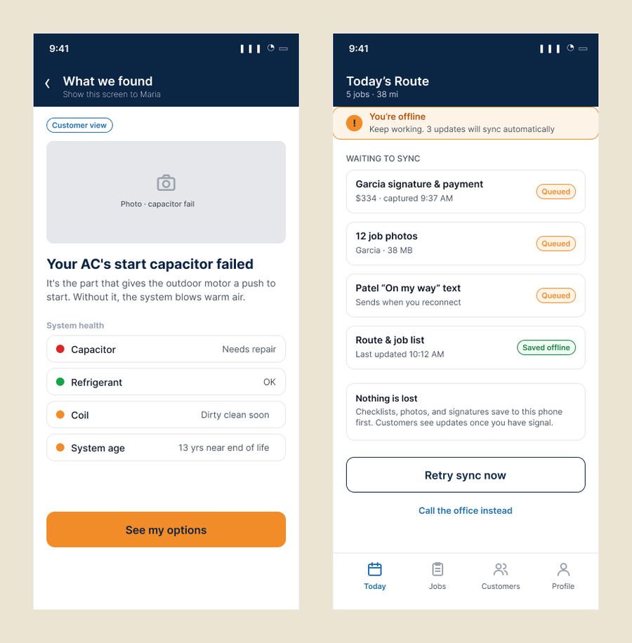 Customer view findings screen and offline sync queue screen