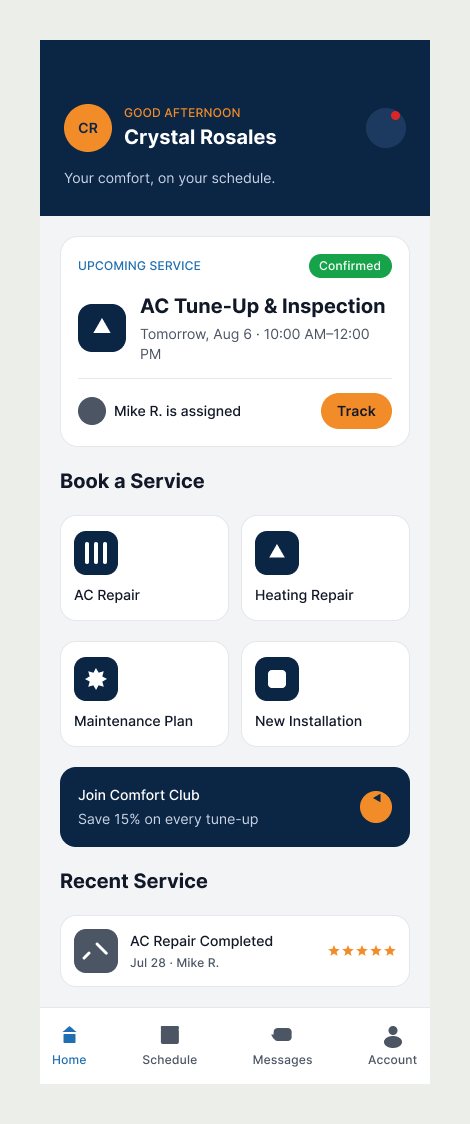 Air to Air GO home screen with next appointment, booking and Comfort Club