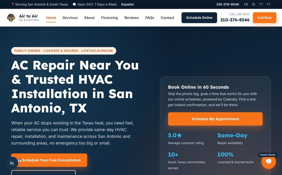 The live airtoairsanantonio.com homepage