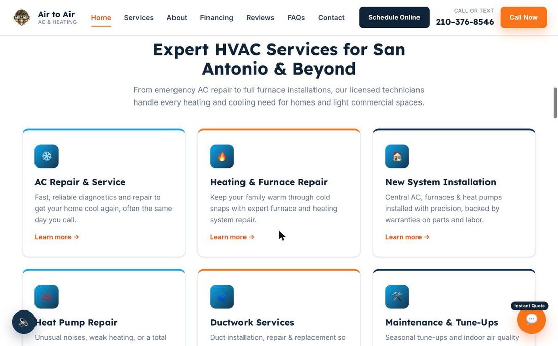 Live airtoairsanantonio.com services section with icon cards